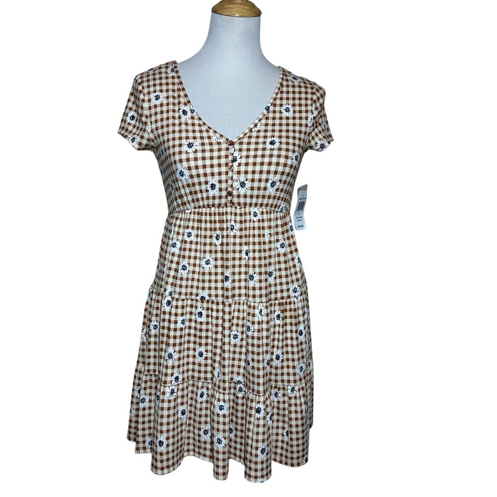 Planet Gold Daisy Brown White Checkered Mini Dress NWT Sz S